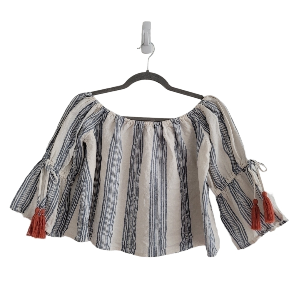 Tularosa Cream Blue Marley Stripe‎ Off Shoulder Tassle Cropped Shirt
